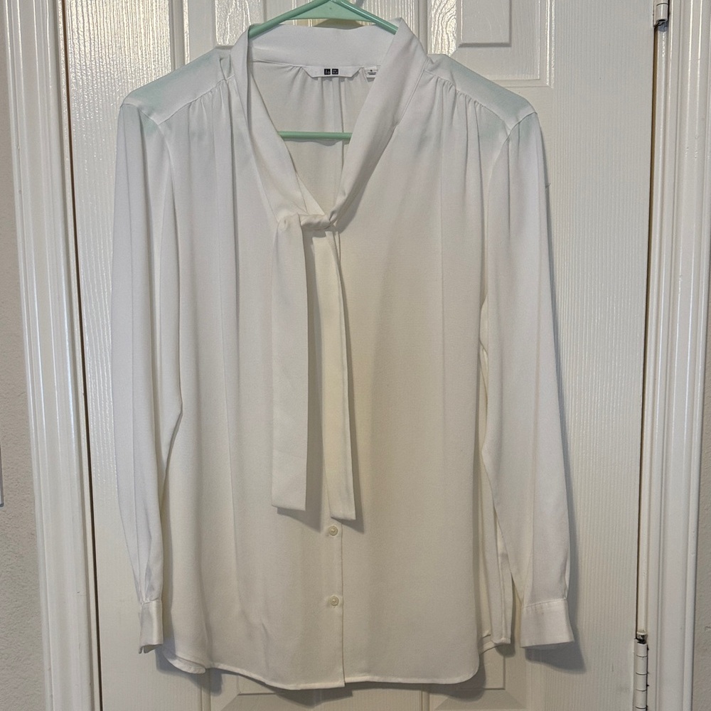 Uniqlo White Tie-Neck Blouse